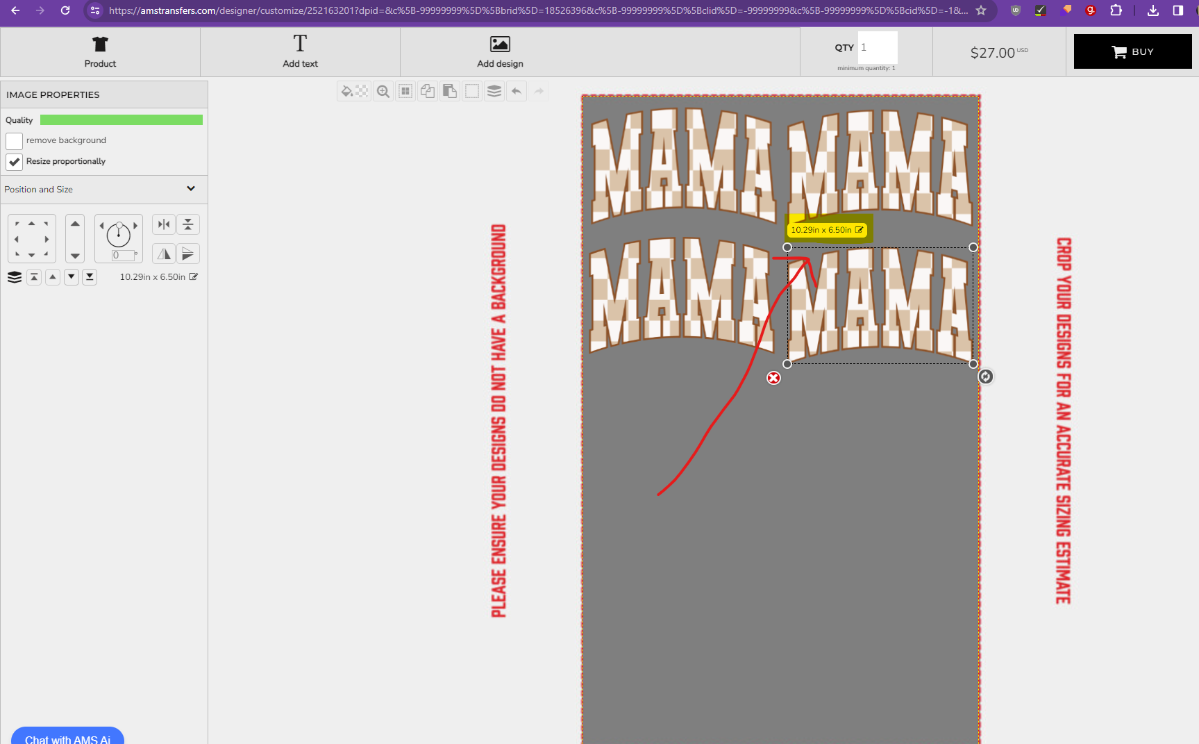 gang sheet builder showing ability to adjust sizing for the design